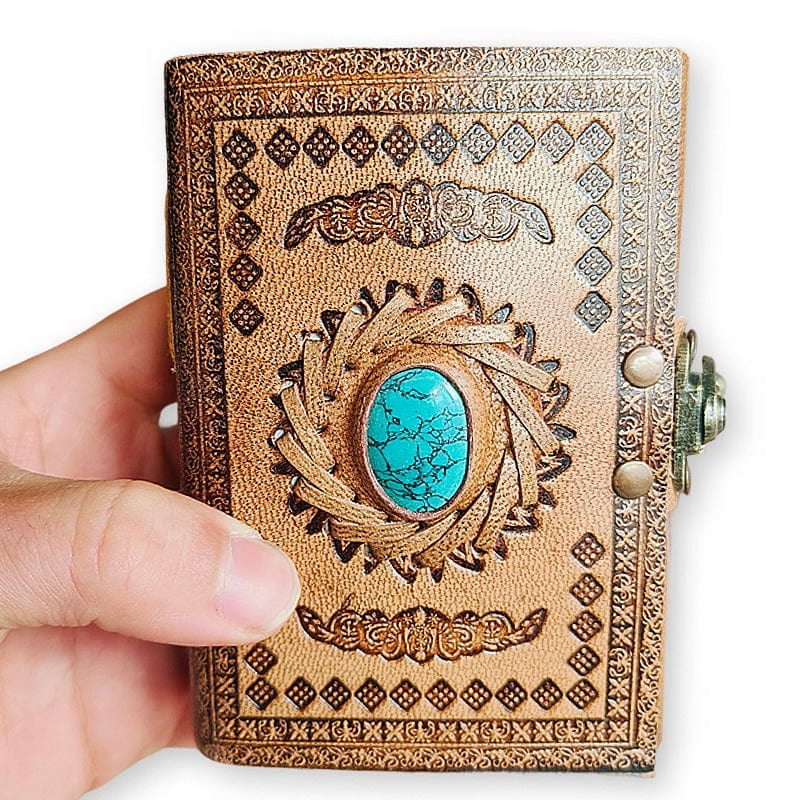Handcrafted leather notebook with natural stone - Green Agate