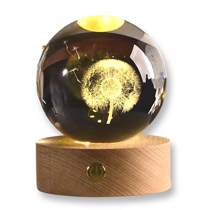 Sfera di Cristallo 3D con Base in Legno, Lampada LED da Notte, Decorativa SOFFIONE FIORE