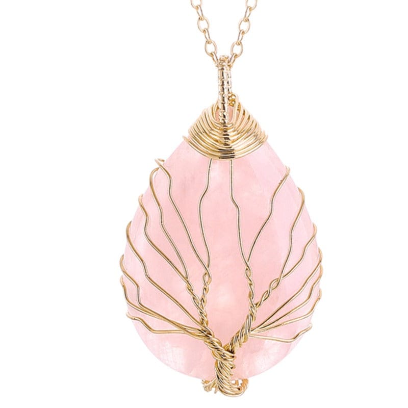 Ciondolo "goccia" con albero in Quarzo Rosa - Dorata con catenina