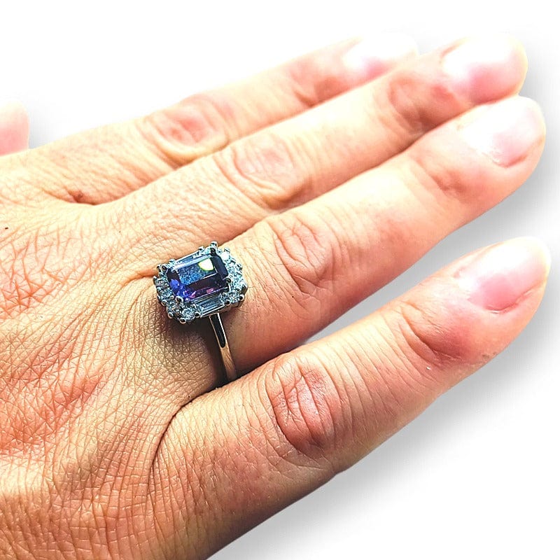 Ametista Sfacettata Rettangolare con Cristalli - anello regolabile in ottone anallergico