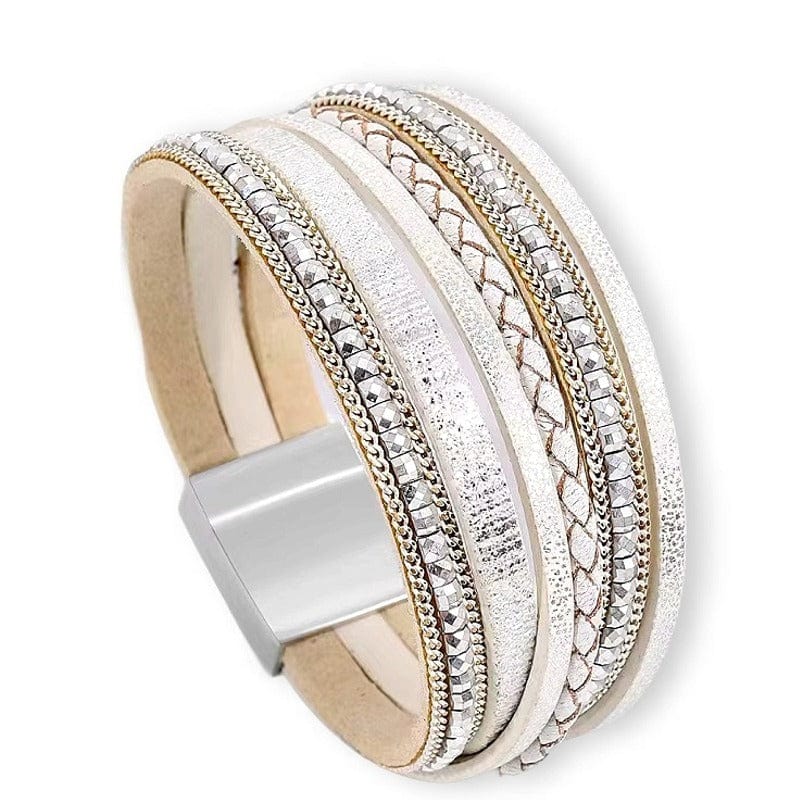 Braided Leather Wrist Bracelet Magnetic Closure Bohemian Style WHITE