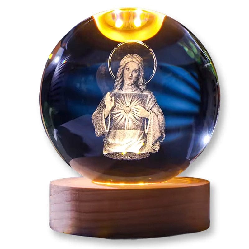 Sfera di Cristallo 3D con Base in Legno, Lampada LED da Notte, Decorativa GESU BENEDICENTE
