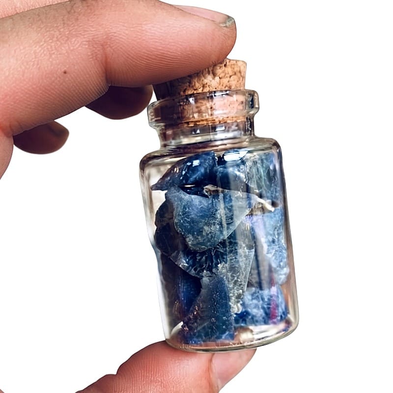 Botella de vidrio con minerales crudos - TURMALINA NEGRA