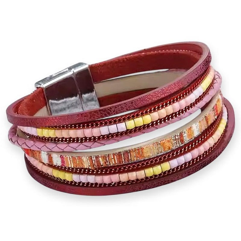 Braided Leather Wrist Bracelet Magnetic Closure Bohemian Style RED