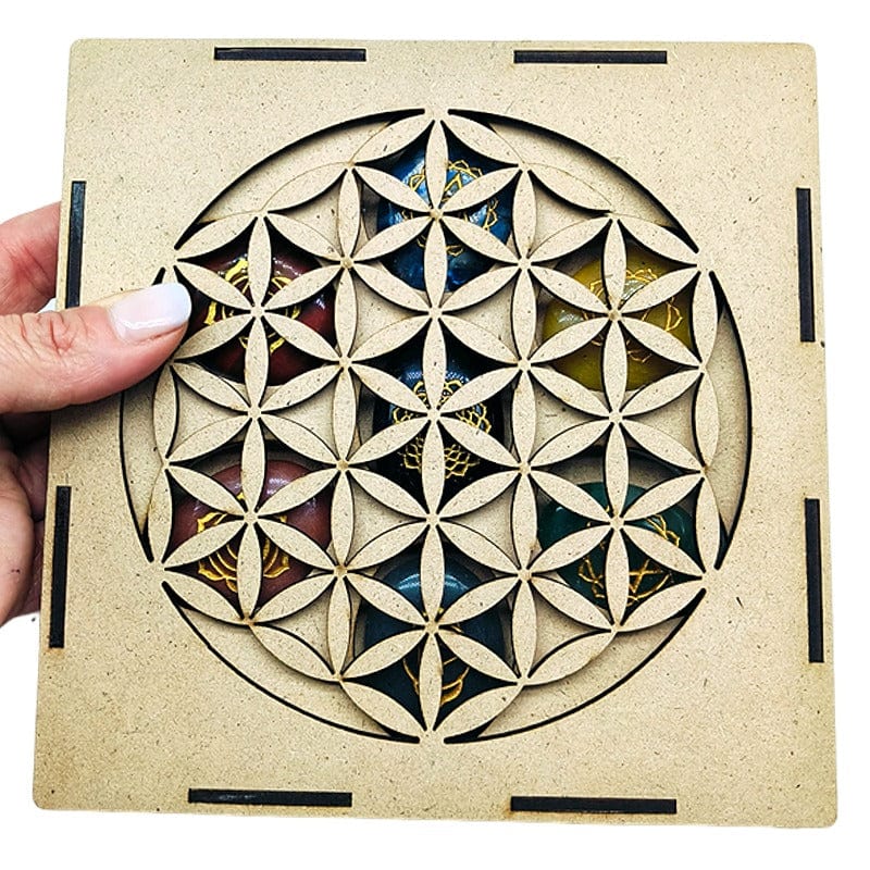 Set of 7 Chakra Stones in Engraved Wooden Box, Gift Box (FLOWER OF LIFE)