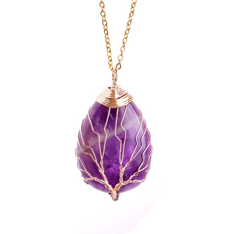 Amethyst Tree Drop Pendant - Gold Plated with Chain