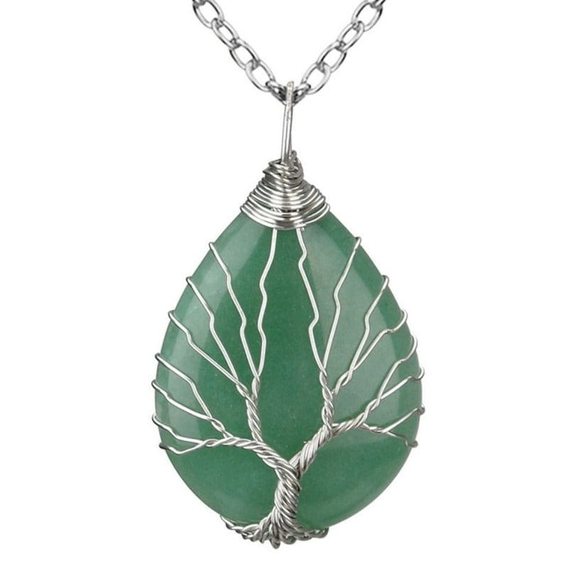 Colgante "Gota" con Árbol en Aventurina Plateada con Cadena