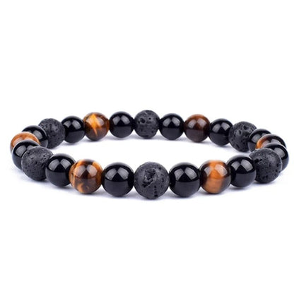 Tiger's eye, black onyx, lava stone - elastic bracelet in worked spheres