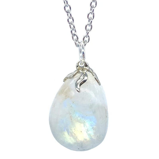 Smooth rainbow moonstone pendant with chain or rubber