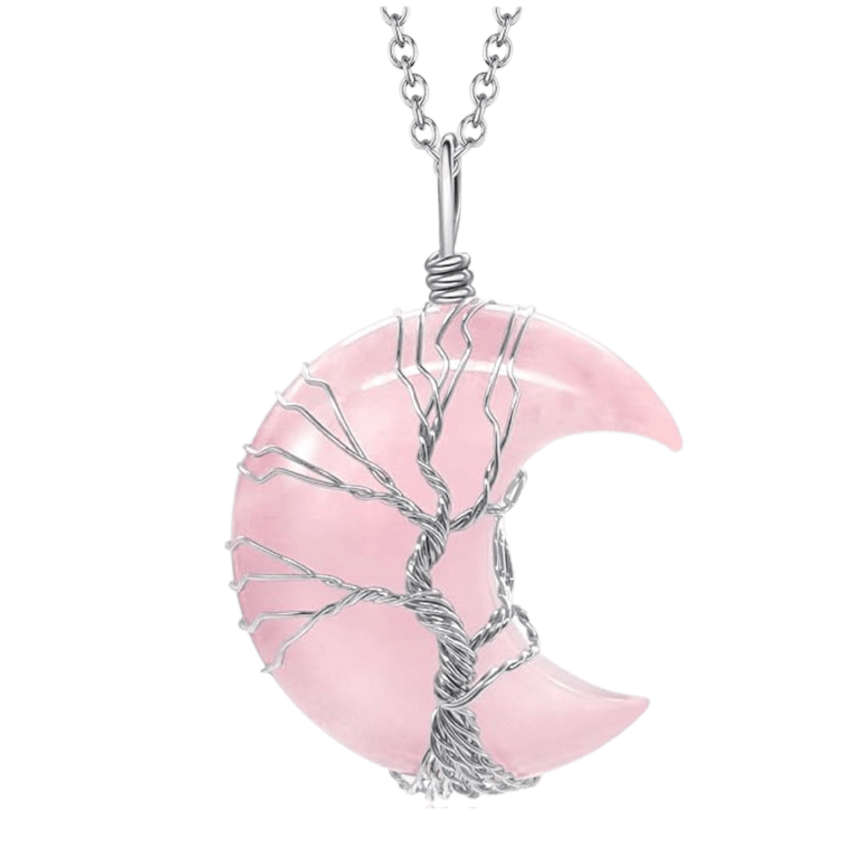 Ciondolo Albero In Acciaio Inox e Luna Quarzo Rosa