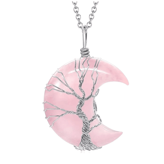 Ciondolo Albero In Acciaio Inox e Luna Quarzo Rosa