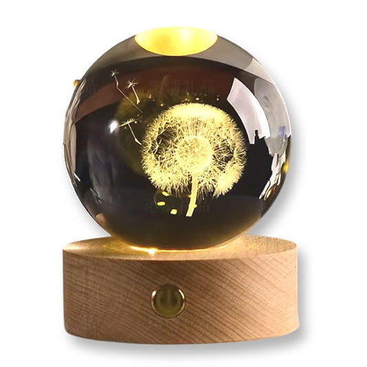Sfera di Cristallo 3D con Base in Legno, Lampada LED da Notte, Decorativa SOFFIONE FIORE