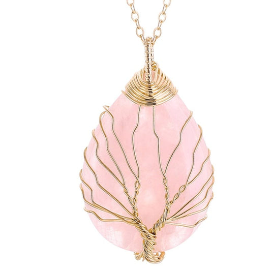 Ciondolo "goccia" con albero in Quarzo Rosa - Dorata con catenina