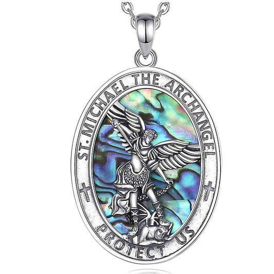 Ciondolo in Ottone Placcato Argento (ARCANGELO MICHELE PROTEZIONE SFONDO ABALONE)