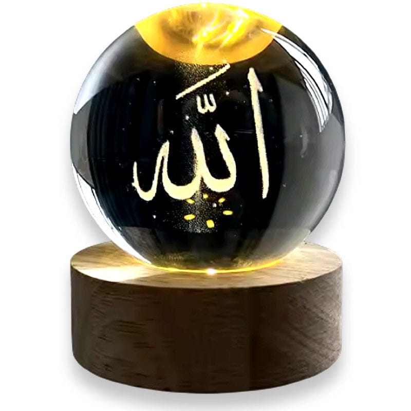 Sfera di Cristallo 3D con Base in Legno, Lampada LED da Notte, Decorativa ALLAH SIMBOLO
