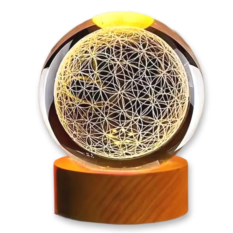 Sfera di Cristallo 3D con Base in Legno, Lampada LED da Notte, Decorativa FIORE DELLA VITA