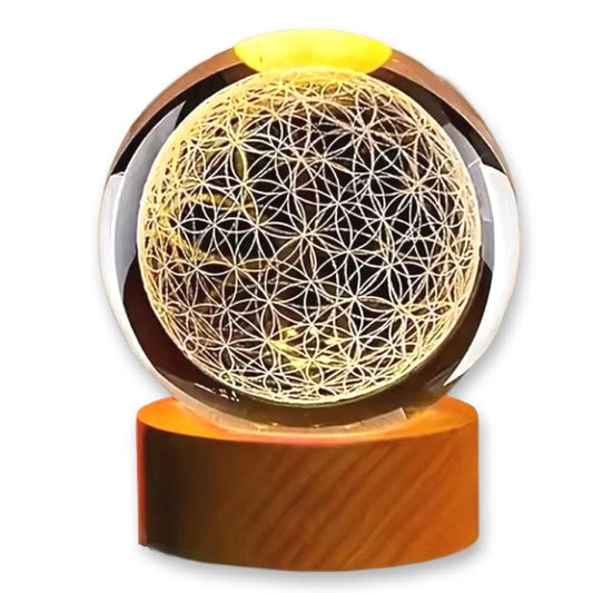 Sfera di Cristallo 3D con Base in Legno, Lampada LED da Notte, Decorativa FIORE DELLA VITA