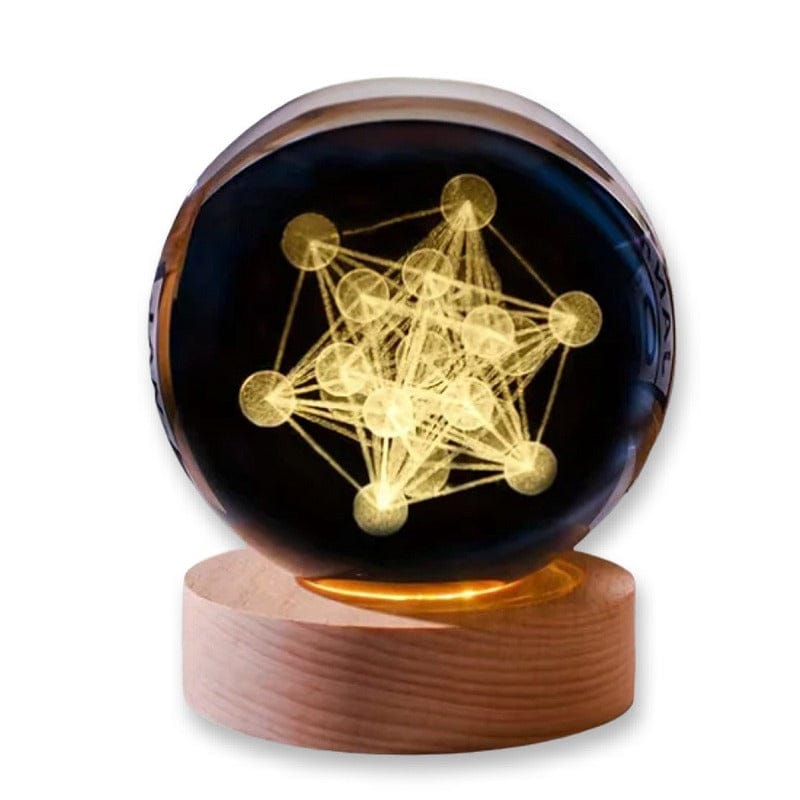 Sfera di Cristallo 3D con Base in Legno, Lampada LED da Notte, Decorativa CUBO DI METATRON