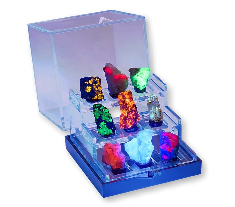 Set 9 Minerali Fosforescenti – con Vetrina Inclusa 3,5 cm
