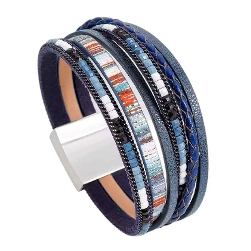 Braided Leather Wrist Bracelet, Magnetic Closure, Bohemian Style BLACK 
