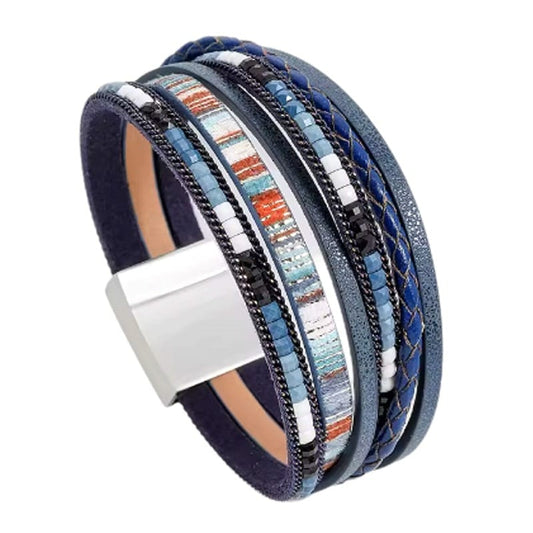 Braided Leather Wrist Bracelet, Magnetic Closure, Bohemian Style BLACK 
