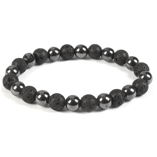 Hematite, lava stone and black polymer - elastic bracelet in worked spheres