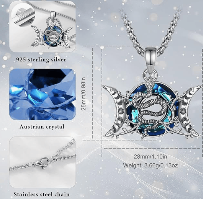 Ciondolo in Ottone Placcato Argento (TRE LUNE WICCA SERPENTE)