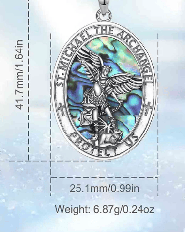 Ciondolo in Ottone Placcato Argento (ARCANGELO MICHELE PROTEZIONE SFONDO ABALONE)