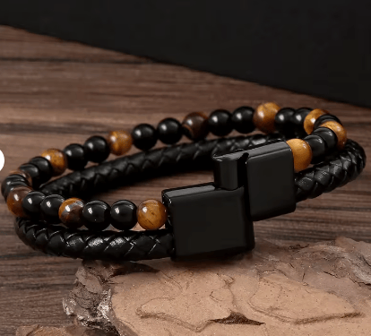 Pulsera trenzada vintage de cuero multicapa con cierre magnético de metal MARRÓN