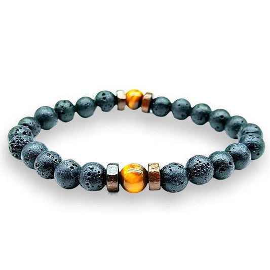 Tiger's eye, black onyx, lava stone - elastic bracelet in worked spheres