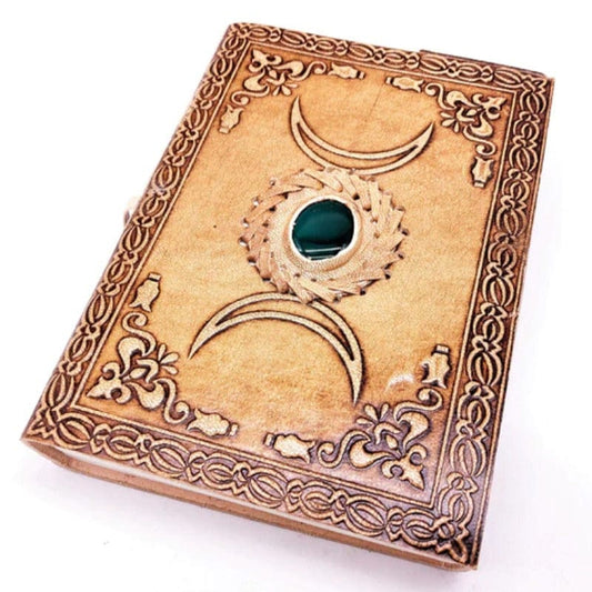Handcrafted leather notebook with natural stone - Green Agate