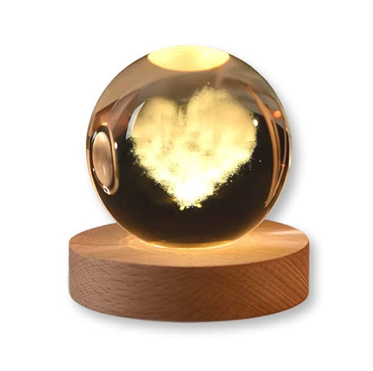 Sfera di Cristallo 3D con Base in Legno, Lampada LED da Notte, Decorativa CUORE