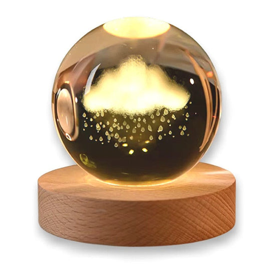 Sfera di Cristallo 3D con Base in Legno, Lampada LED da Notte, Decorativa NUVOLA