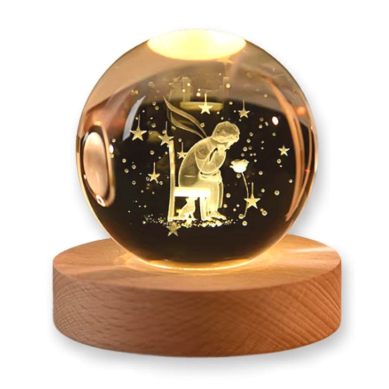 Sfera di Cristallo 3D con Base in Legno, Lampada LED da Notte, Decorativa PICCOLO PRINCIPE
