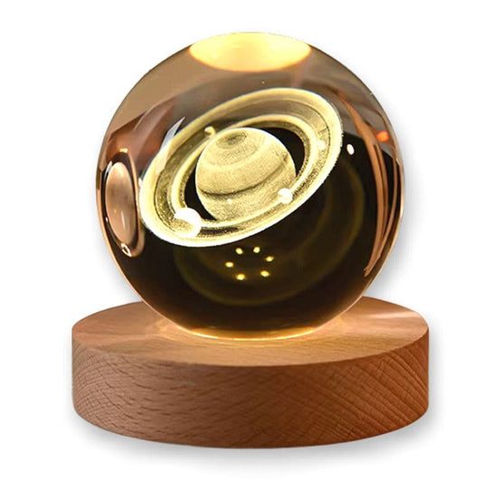Sfera di Cristallo 3D con Base in Legno, Lampada LED da Notte, Decorativa SATURNO
