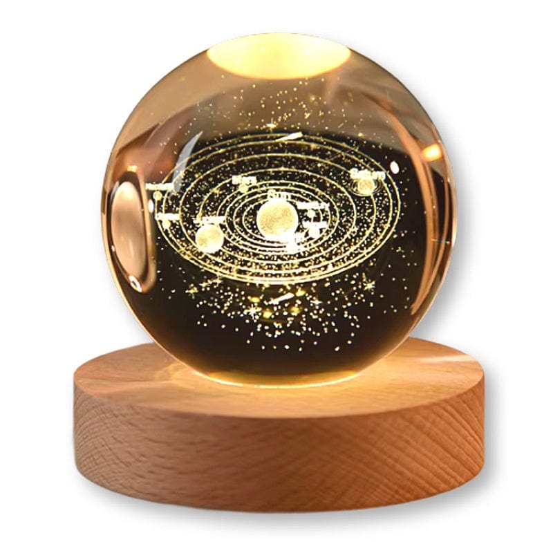 Sfera di Cristallo 3D con Base in Legno, Lampada LED da Notte, Decorativa SISTEMA SOLARE