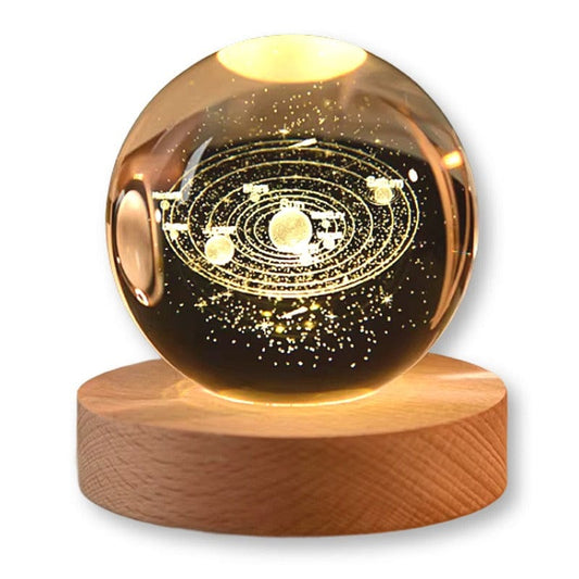 Sfera di Cristallo 3D con Base in Legno, Lampada LED da Notte, Decorativa SISTEMA SOLARE