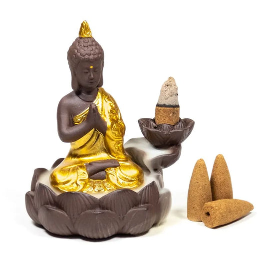 Tenetpietre Coni di incenso FONTANA Buddha su Loto flusso di ritorno